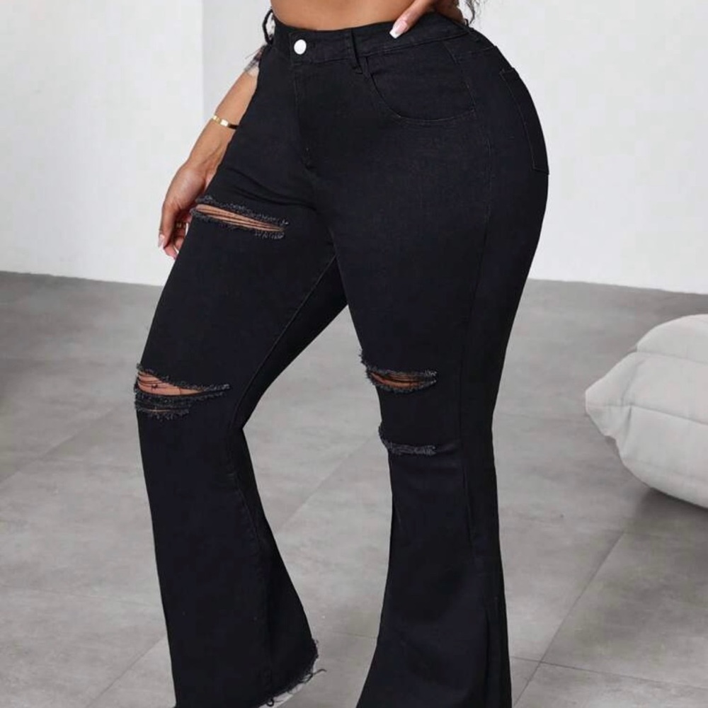 SHEIN Black Distressed Flare Jeans